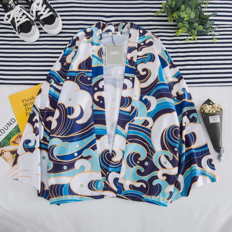 

Hot Selling Supply of Goods Japanese-style Popular Brand Three-quarter-length Sleeve Open Lining Kimono Waves Printed Robes Mant