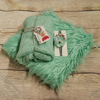 

75*50cm Soft Long Pile Faux Fur MONGOLIAN FUR Blanket +150*45cm Stretch Lace Knit Wrap with Ball fringe+matched Cotton headband