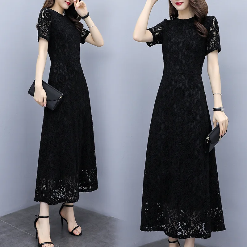 

M-4XL Plus Size Lace Dress Woman Elegant Short Sleeve Long Maxi Dress Vintage Black Evening Party Dress Summer Casual Vestidos