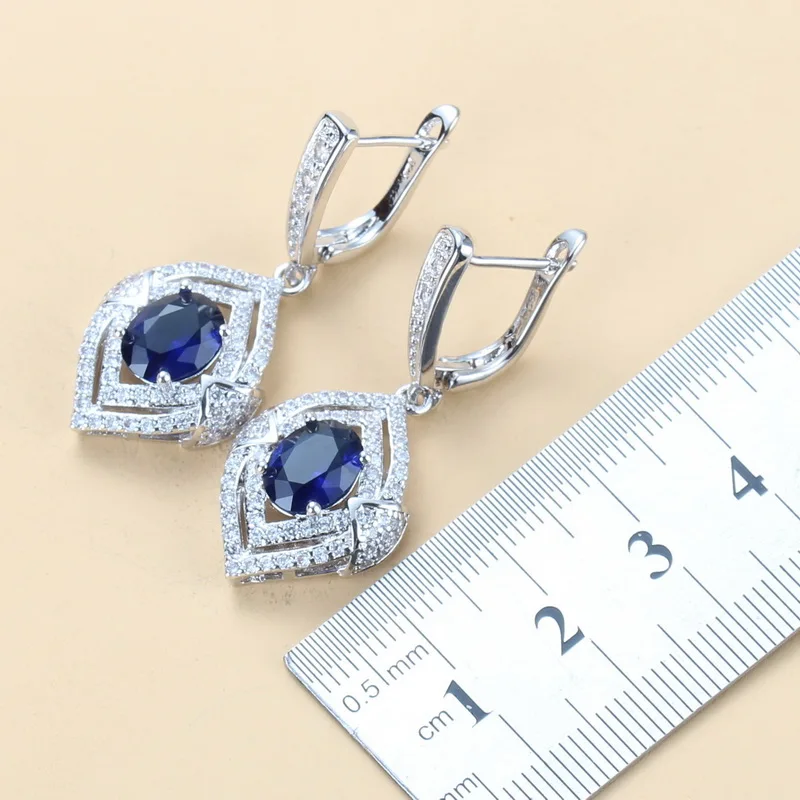 Bridal 925 Sterling Silver 3PCS Jewelry Sets With Natural Blue Stone CZ Earrings Necklace And Ring Sets For Women Costume