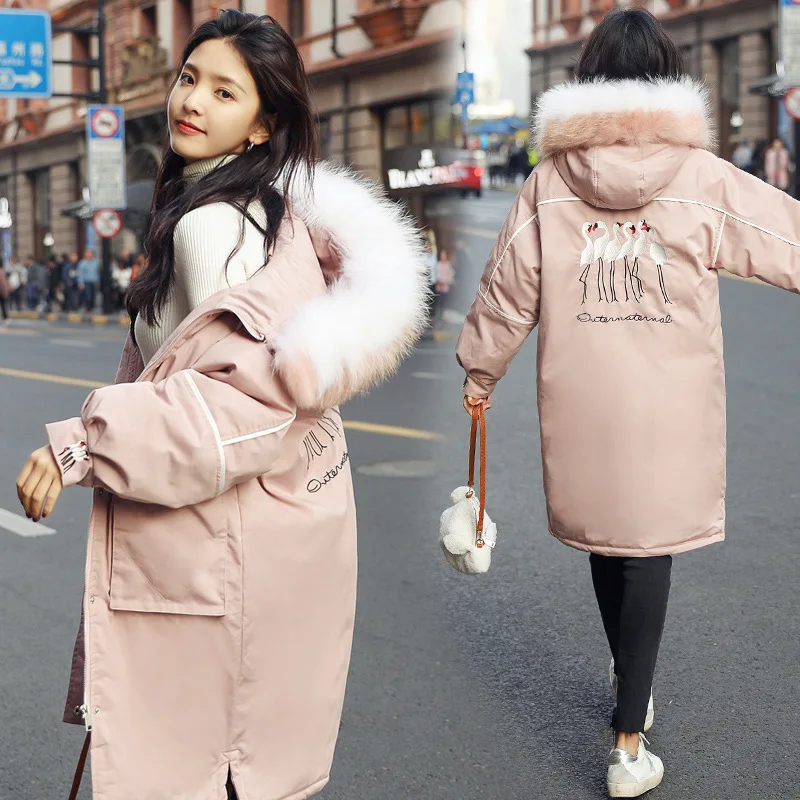 

Large Fur Collar Embroidered Parka Women's Mid-length 2019 Winter New Style Students Thick England Cotton-padded Jacket Coat Cot