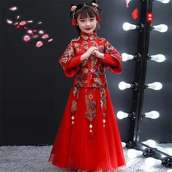 

2020 Chinese Style Standing-Collar Spring Festivals New Year Party Princess Long Dress For Children Girls Piano Costumes Dress