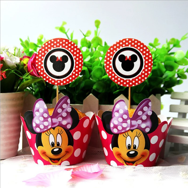 

Happy Birthday Party Girls Favors Minnie Mouse Theme Cupcake Wrappers Baby Shower Events Decoration Cake Toppers 12pcs/lot