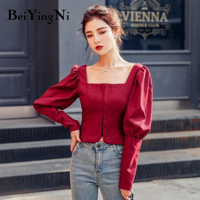 Beiyingni-Blusas informales ajustadas de larga para mujer, Top corto, camisetas coreanas de color rojo vino y negro, Otoño, 2020 AliExpress