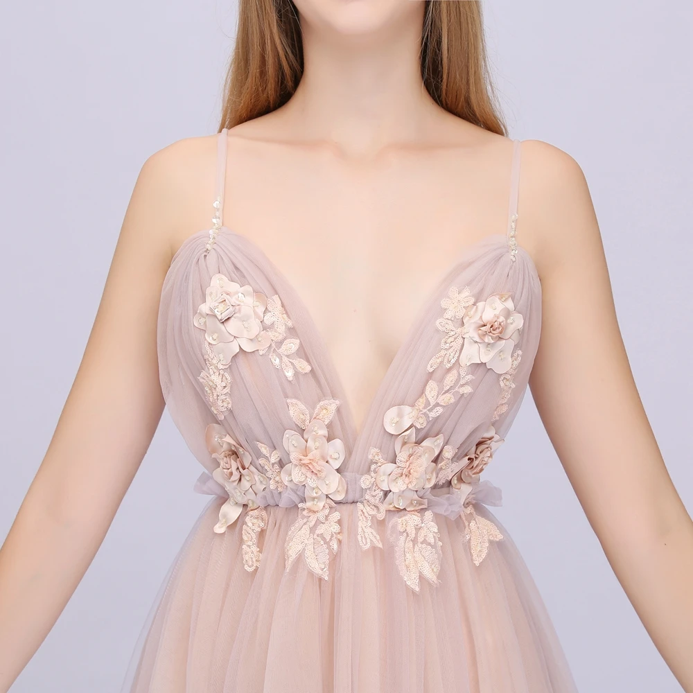 Billige SSYFashion Neue Sexy Rosa Abendkleid V ausschnitt Sleeveless Blume Appliques Sweep Zug Backless Prom Party Kleider Robe De Soiree