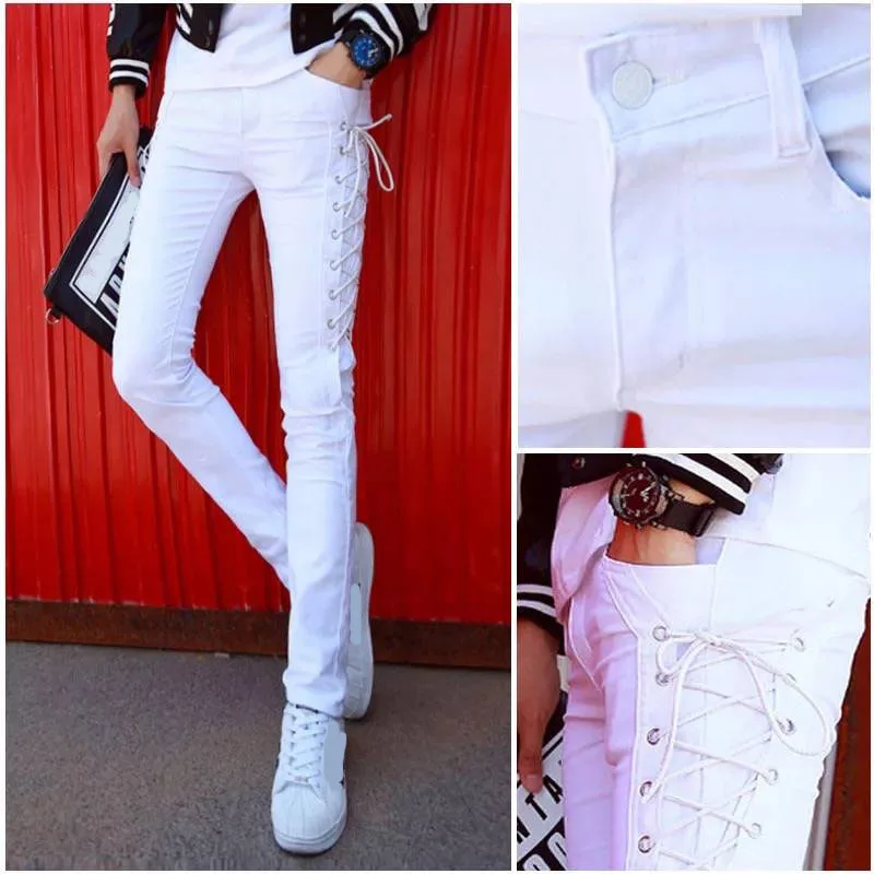 Idopy Fashion Slim Fit Pants Steampunk Black Patchwork Leather Lace Up Dance Night Club Gothic Button Jeans Trouser For Men