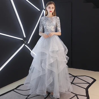 

2020 New Silver Sequins Evening Dress Long Sexy Backless Evening Gown Lace up O-neck Womens Formal Gown Illusion Party Dress