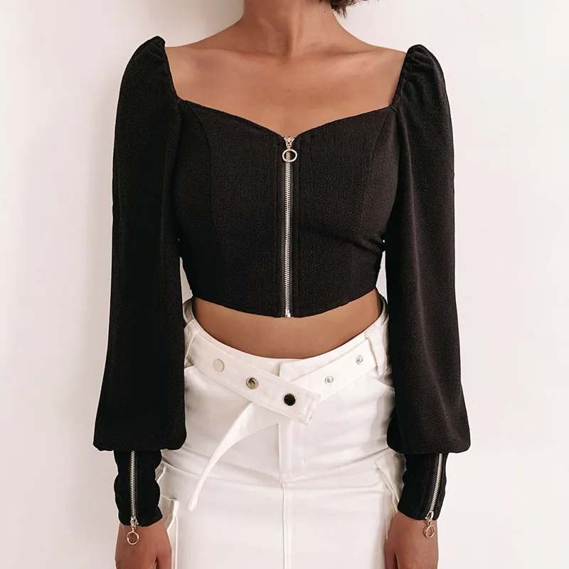 

Causey Long Sleeve Zipper Cardigan Blouse Women Clothes Fall 2019 Vintage Sexy Black Shirts Ladies Elegant Tops