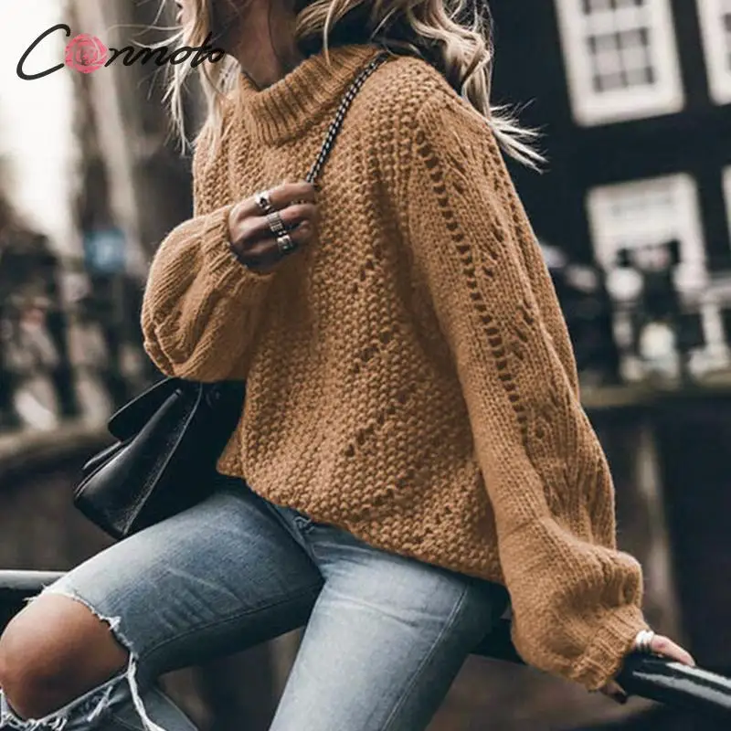 

Conmoto Women Solid Color Jumpers Sweater Fashion Hollow out Lantern Sleeve Loose Pullovers Ladies Winter Casual Knitted Tops