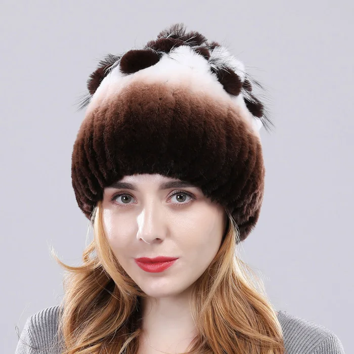 Women Real Rex Rabbit Fur Hats Lady Handmade Knitted Striped Genuine Rex Rabbit Fur Cap Winter Warm Fashion Fur Beanies - Цвет: Color 16