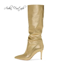 Arden Furtado/Модная женская обувь; зимние пикантные элегантные женские сапоги до колена с острым носком на шпильке со складками; цвет золотистый; 42, 43