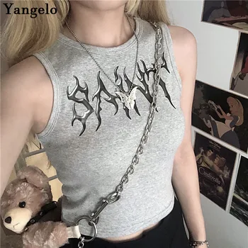 

Gothic Punk Tops Women Streetwear Thorns Flame Black Letter Print Tank Top Summer Sexy Sleeveless Loose Casual Harajuku Top