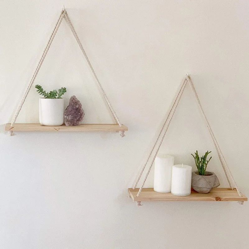 Hanging Wooden Plant Shelf Small Household Parts Storage Rack Wall Rope Hanging Shelf Bedroom Living Room Office Wall Decoration