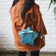 Детская сумка через плечо для девочек; сумка на цепочке с блестками и бантом в форме звезды; C55