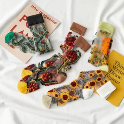 Glass Silk Stockings Women's Ultra-Thin Summer Card Silk Cotton Socks Transparent Anti-Hook Silk Flowers Ladies Crystal Socks