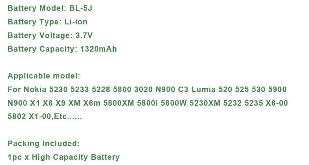 BL-5J Батарея для Nokia 5230 5233 5228 5800 3020 N900 C3 Lumia 520 525 530 5900 N900 X1 X6 X9 XM X6m 5800XM 5800i 5800W BL 5J