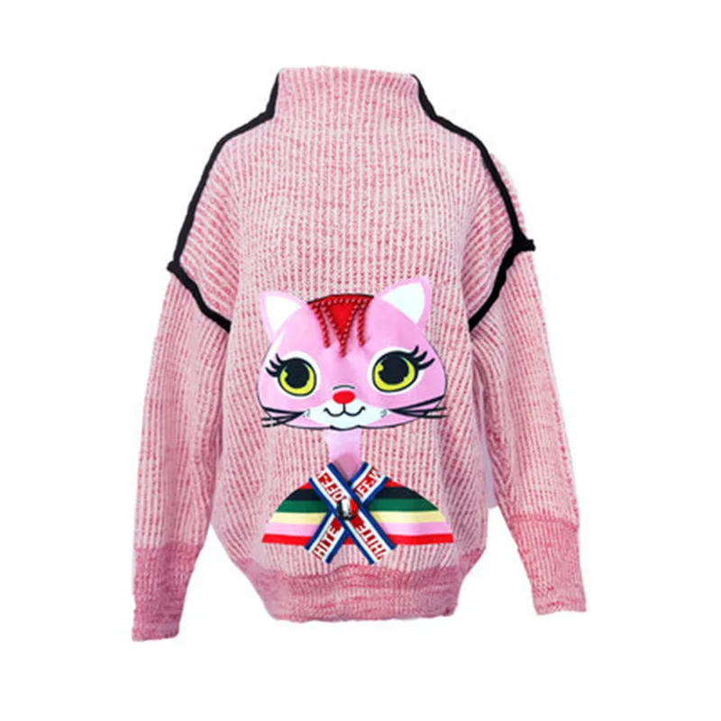Best Price Cartoon cat high collar loose tide brand women's knit sweater 2019 autumn and winter new pink sweet short pullover sweater Best Price Cartoon cat high collar loose tide brand women's knit sweater 2019 autumn and winter new pink sweet short pullover sweater