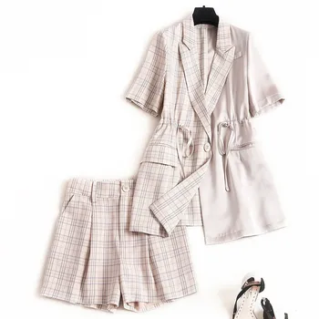 

High Quality Elegant Lady Two Piece Set Summer Outfit 2020 New Fashion Women's Set Short Sleeve Plaid Blazer Suit Shorts Sets