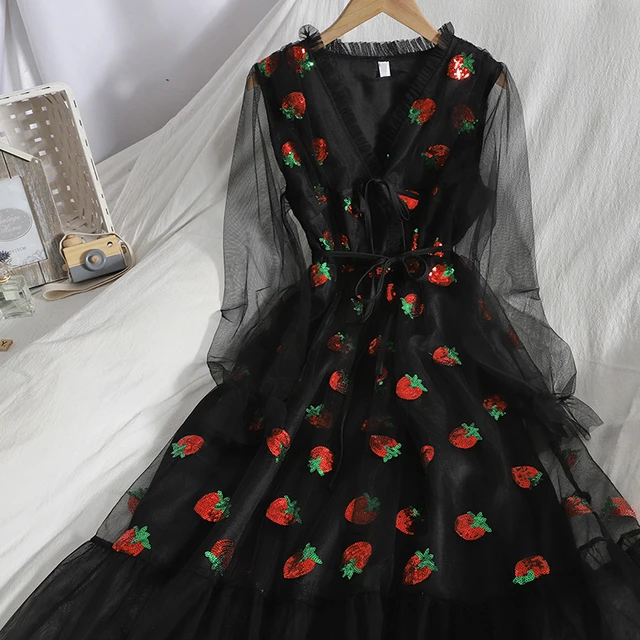 Sequined Embroidery Sweet Pink Strawberry Dress Women's V-Neck