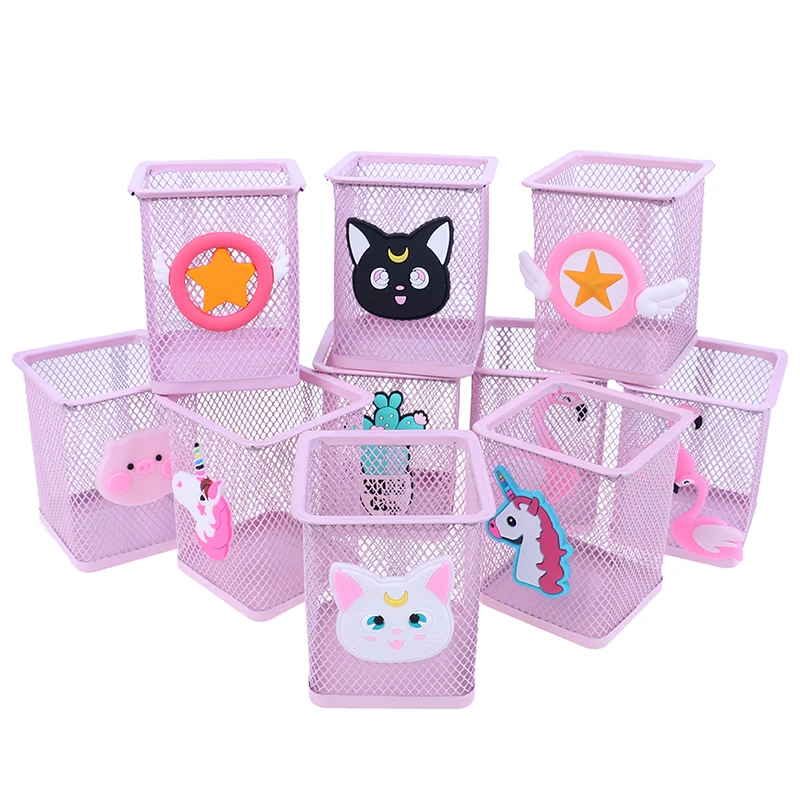 1pc Pink Metal Pen Holder Office Organizer Cosmetic Square Pencil Pen Stand Holders Stationery Container Office School Supplies
