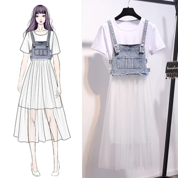 

Summer Princess Dress Female 2020 Korea Mesh Patchwork Mid-Calf Swing Vestidos Sweet Strap Vest Two Piece Dress