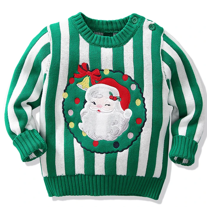 Christmas Baby Girl Handwork Sweater Autumn Winter Kids Stripe Clothes Boys Cartoon Santa Claus Embroidery Knitted Sweaters