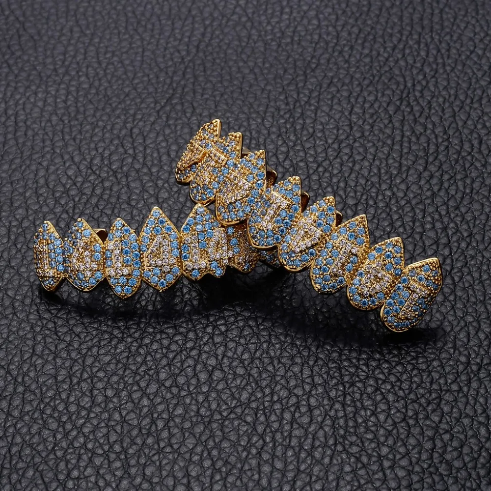 Хип-хоп микро проложить кубического циркония Bling Iced Out Fang 1414 верхнее дно зубы Grillzs набор Золото Серебро Цвет Мужчины CZ рэппер ювелирные изделия
