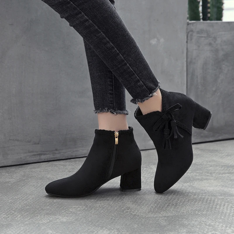 Ботильоны с бахромой и бантом для женщин зимняя обувь женские ботинки острым