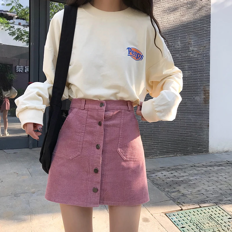 

Women's Skirts Japanese Harajuku Ulzzang Solid Color Casual Corduroy High Waist Skirt Female Korean Kawaii Clothing For Women