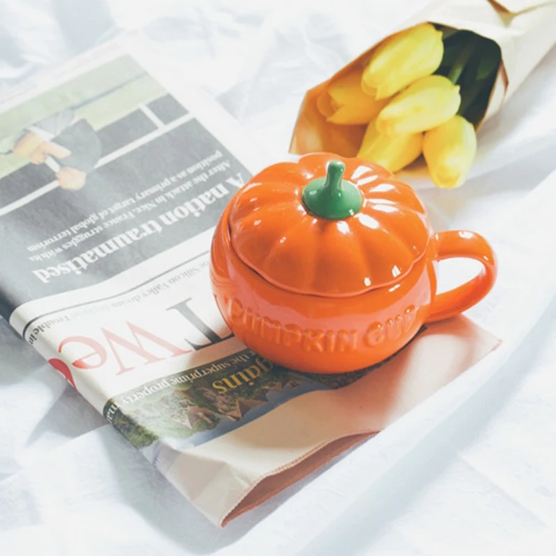 Household Halloween Cute Pumpkin Shape Creative Personality Ceramics With Cover Mug Home Office Drinking Utensils 1PC