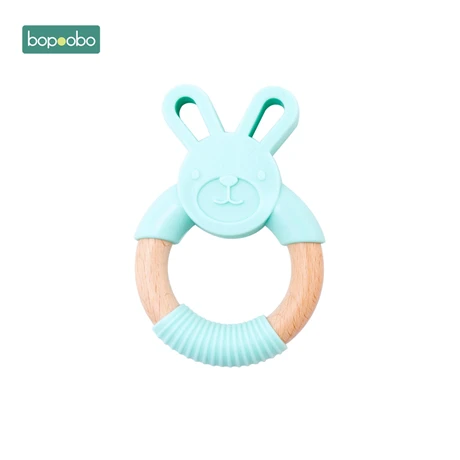 Mint Rabbit Bopoobo 1 шт. детский силиконовый Прорезыватель животные деревянные кольца Прорезыватель грызунов бука дерево младенческой Кролик Слон лиса кольца Товары для малышей - Цвет: Mint Rabbit