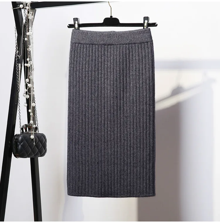 50-80 см эластичная лента Женская юбка осень и зима теплая трикотажная прямая юбка ребристая длинная юбка с разрезами