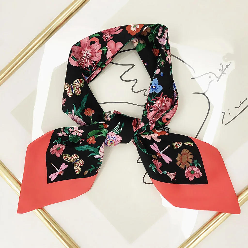 Luxury Scarf Women Scarves Designer Fashion Ladies Hand Made Bag Hat Headband Tied Handle Small Ribbon Silk Scarf Foulard Femme - Цвет: E