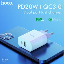 Hoco-Adaptador de puerto Dual de carga rápida PD20W QC3.0 para iPhone 12 Pro Max 11 XR EU US UK, enchufe USB tipo C, cargador para Xiaomi Mi 11