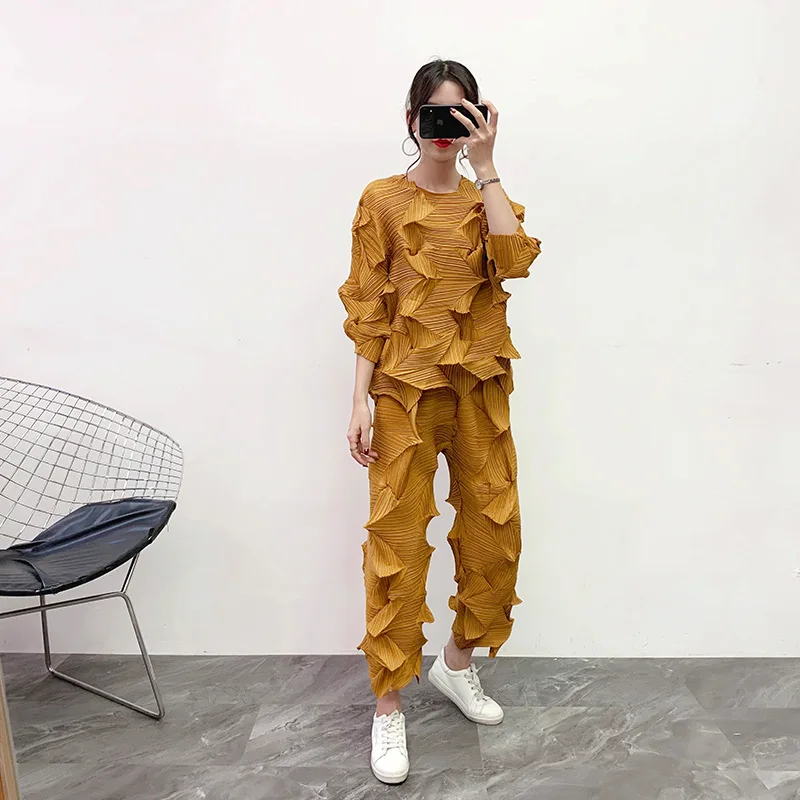 MIYAKE плиссированная куртка со стразами+ прямые брюки Зимний свободный большой размер плиссированный комплект из двух предметов брюки костюм