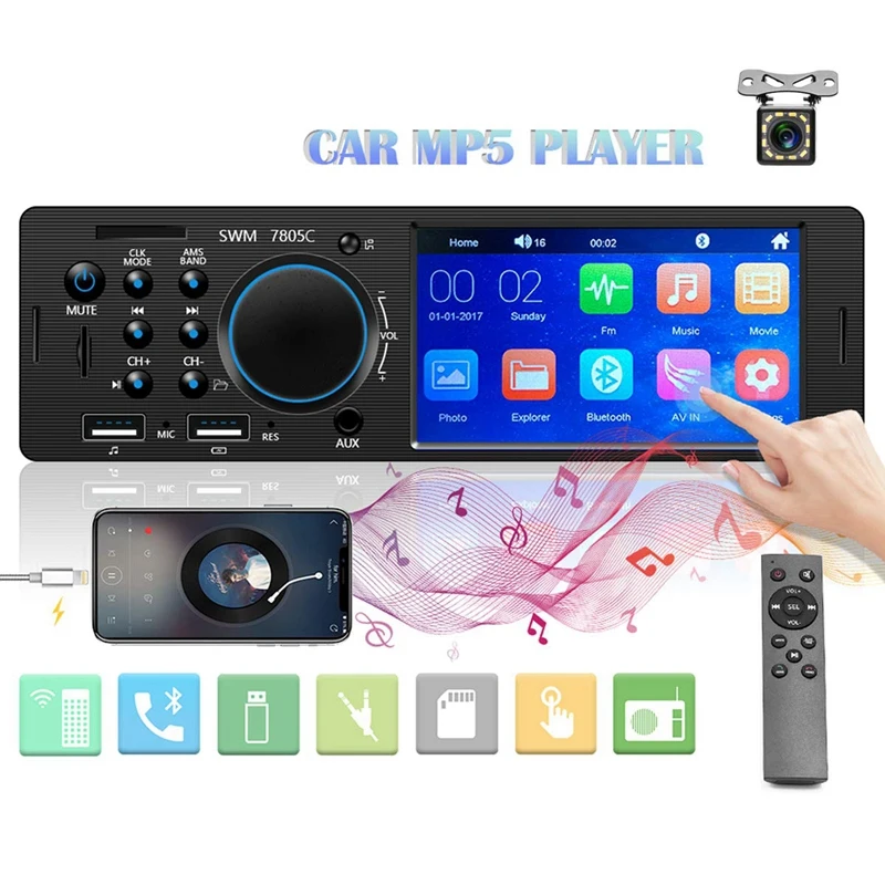 

Car Stereo Single Din Multimedia Radio 4.1 inch Press Screen Bluetooth Audio Hands-Free Calling, USB, SD, AUX Input, FM Radio Re