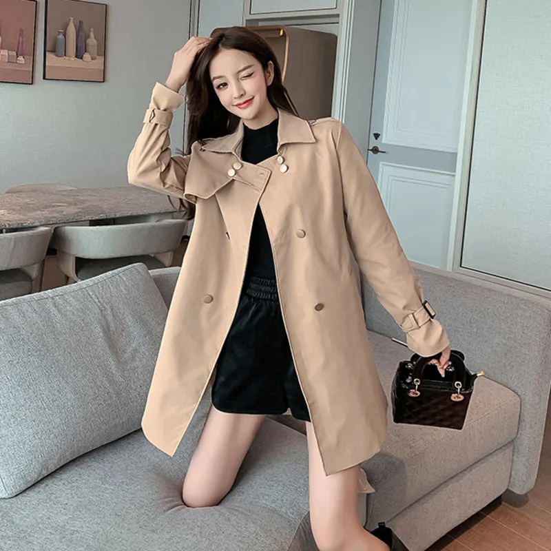 

New Khaki Minimalist Women Trench Coats All-match British Windbreaker Loose Double Breasted Black Hepburn Tooling Jackets Female