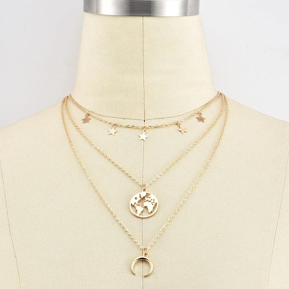 ALYXUY, модное ювелирное изделие, многослойное ожерелье с кулоном в виде Луны, мира, Луны, звезд для женщин, золотое ожерелье, женский подарок для вечеринки
