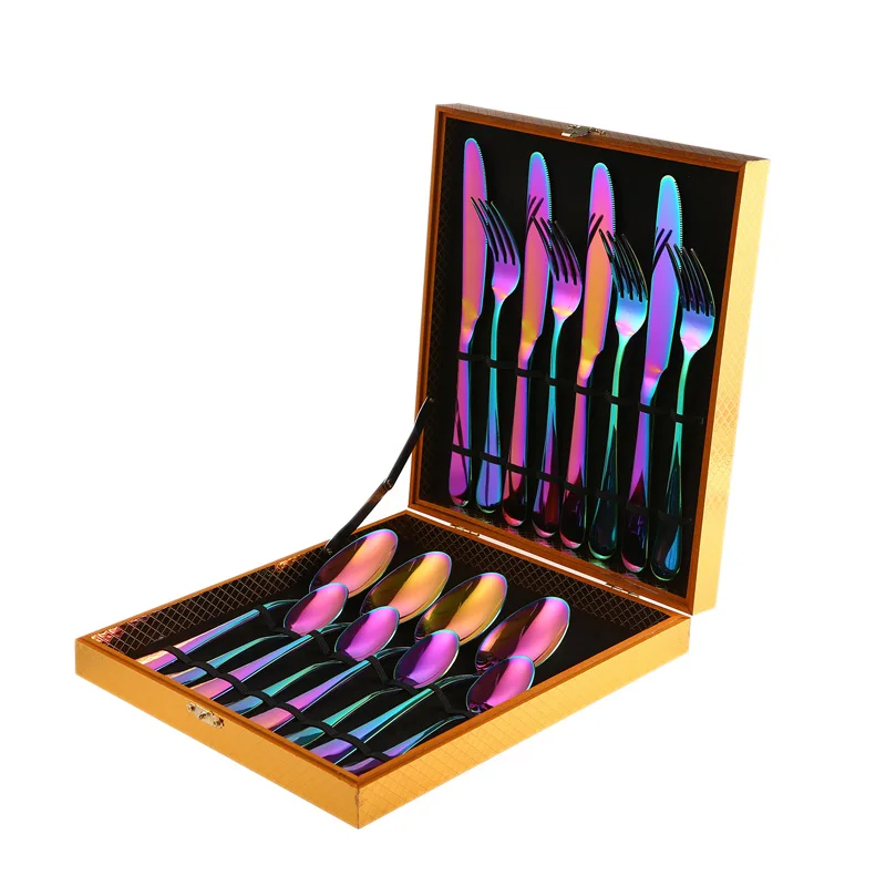 

NHBR-16 Pcs Set Dinner Set Rainbow Stainless Steel Tableware Set Knife Fork Scoops Silverware Set Cutlery Set with Gift Box