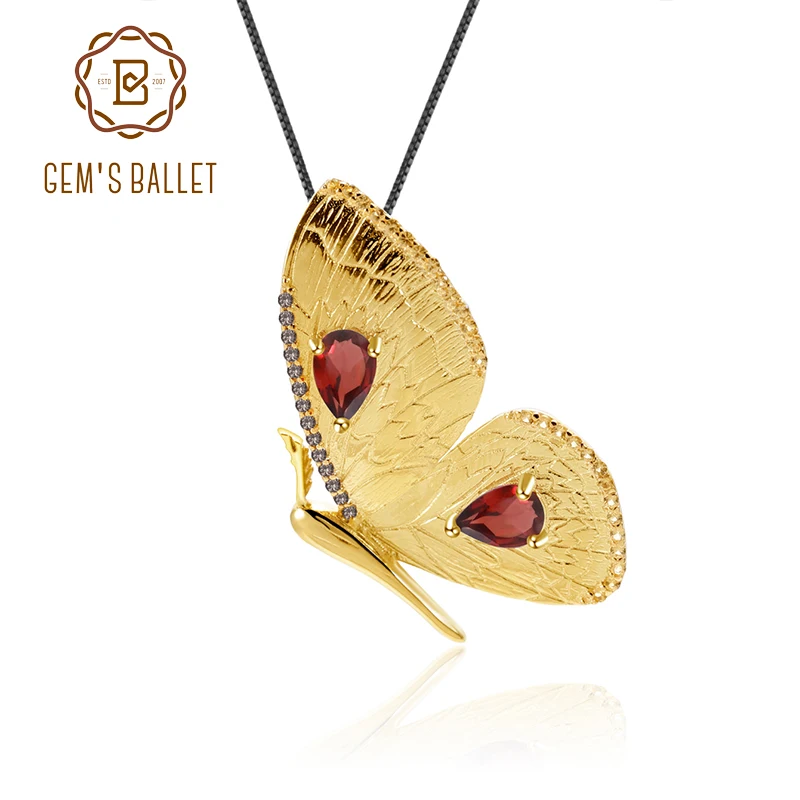 

GEM'S BALLET1.05Ct Gold Butterfly Brooch Pendant Natural Garnet Gemstone 925 Sterling Silver Fashion Women Handmade Fine Jewelry