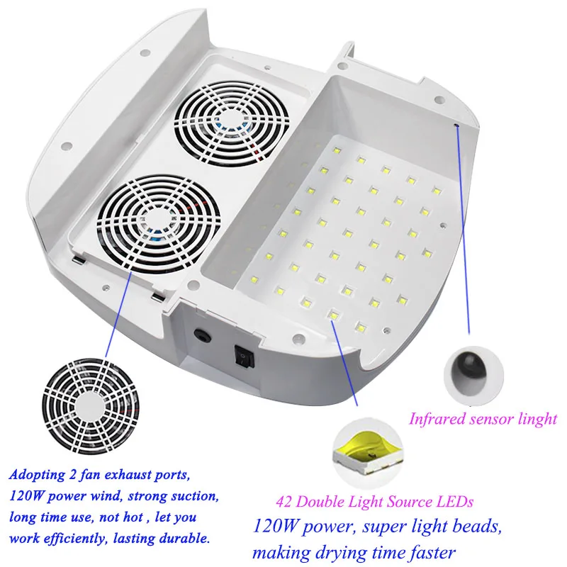 120 Вт 2 в 1 лампа для ногтей и пылесборник для ногтей маникюр с двумя мощными вентиляторами 42 светодиодный Сушилка для ногтей пылесос маникюрный набор