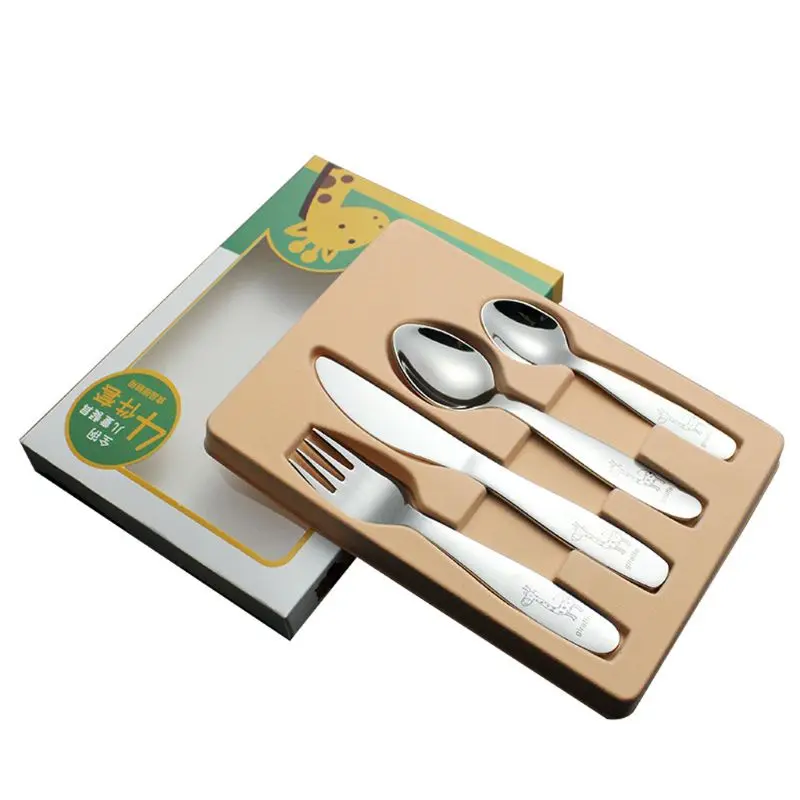 4PCS/pack 304 Stainless Steel Kid Cutlery Cartoon Pattern Carving Children Tableware Western-style Spoon Fork Set Baby Flatware