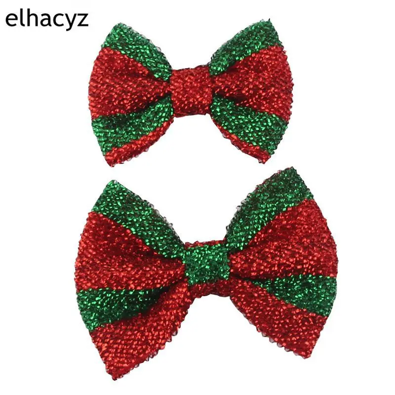 10Pcs/Lot Christmas Headwear For Girls Festival Party Stripe Bow Red/Green With Clip Or Without Clip DIY Kids Hair Accessories