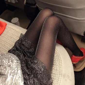 

iurstar Tights Women Sexy Stockings Shinning Glitter Stockings Silver Color Pantyhose Thin Ultrathin Stockings Collant for Women