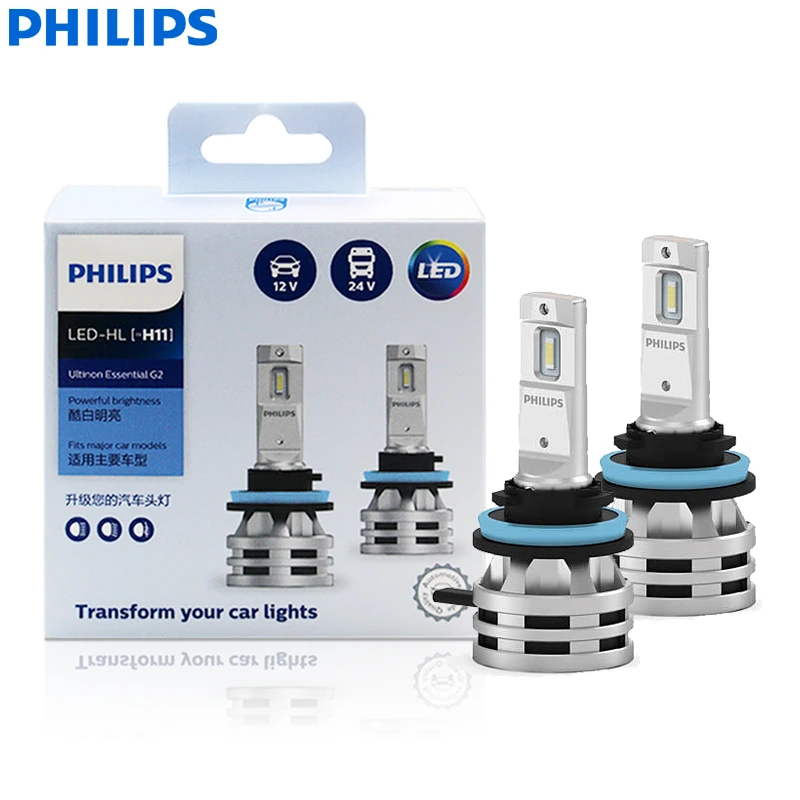 Philips bombillas LED H11 Ultinon Essential Gen2, 24W, G2 6500K, luz blanca, para coche y camión, 11362UE2X2, 2 uds.|Bombillas (LED) de faros delanteros| -