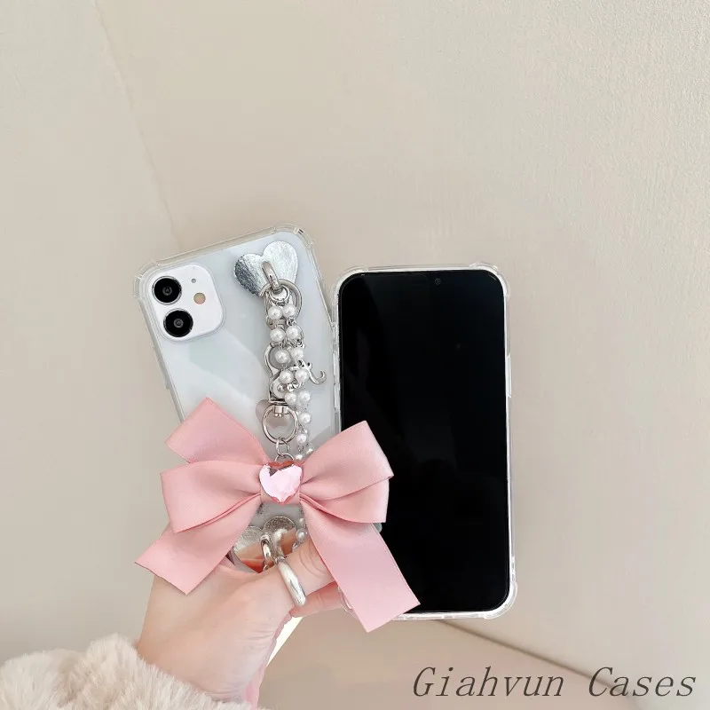 3D Bow Pearl Bracelet Chain Soft Phone Case For iphone 13 12 Pro Max 11 6 6S 7 8 Plus X XR XS Max SE For Samsung S10 S21 S20 iphone 13 pro max case leather