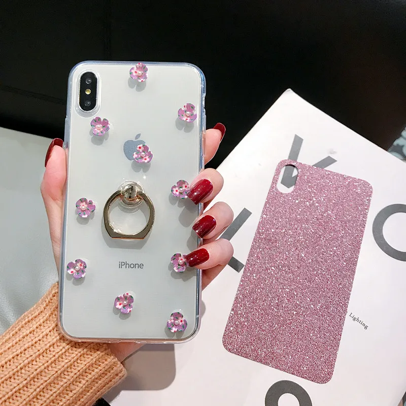 Блестящий чехол с блестками для iPhone 11 Pro XS Max XR Цветочная задняя крышка для iPhone 6S 7 8 Plus прозрачный мягкий ТПУ чехол-держатель с кольцом чехол