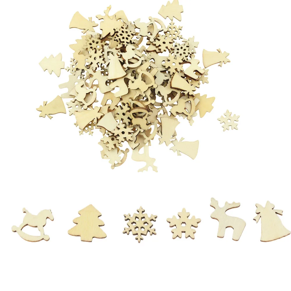 

100PCS Wooden Christmas Tree Ornaments Mini Snowflake Tree Hanging Pendants Christmas Decorations for Home New Year Gift