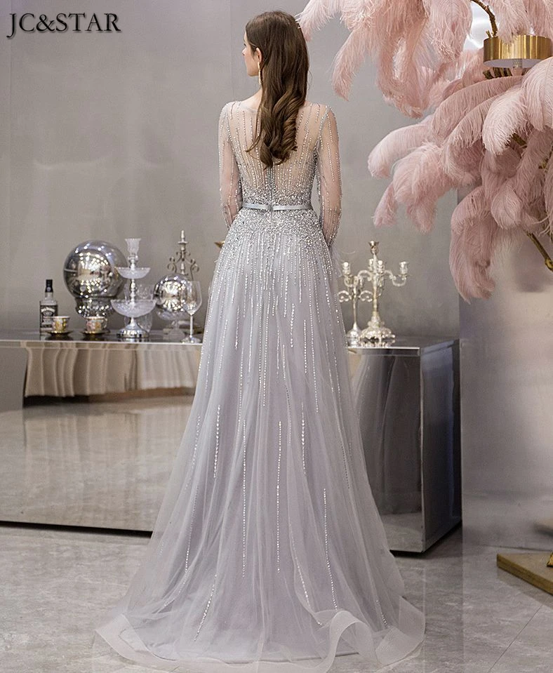 new tulle crystal feather long sleeve A Line silver grey Champagne gold bridesmaid dresses vestidos de fiesta de noche