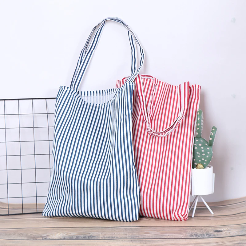 Female Durable Striped Shopping Bags Women Student Cotton Linen Single Shoulder Bag Shopping Tote
